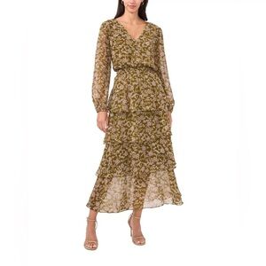 MSK Floral-Print Smocked-Waist Tiered Maxi Dress Cottage Core Size Small